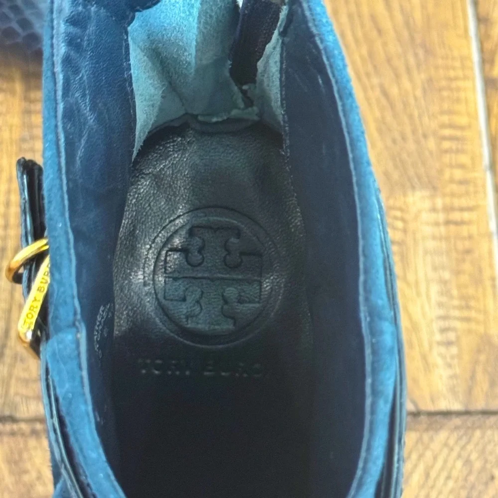 Tory Burch Gracie Suede Navy Ankle‎ Boots Embossed Alligator Leather Size 7.5